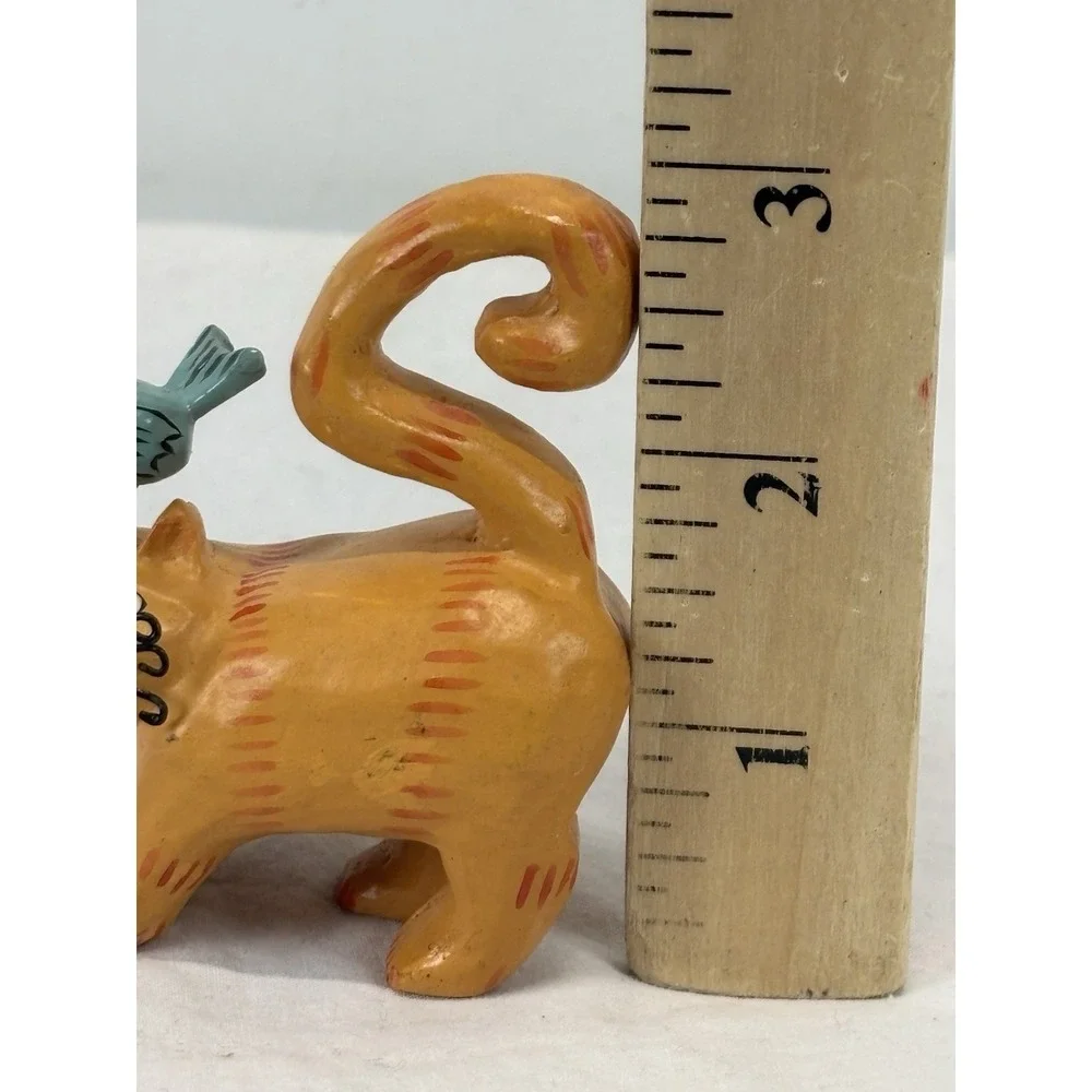 Vtg Small Cat And Bluebird Carved Figure Mini Folk Art Whimsy Crazy Cat Lady